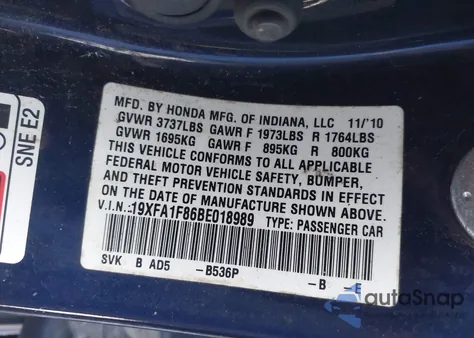 2011 Honda Civic Ex from USA, damaged, VIN 19XFA1F86BE018989